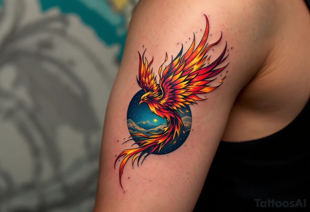 Firebird (Zhar-Ptitsa) – A mythical bird with glowing red, orange, and gold plumage, trailing embers and flying across a midnight blue sky. tattoo idea