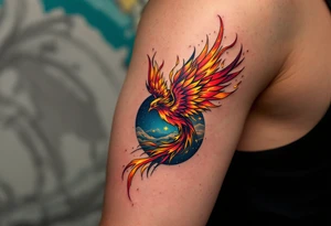 Firebird (Zhar-Ptitsa) – A mythical bird with glowing red, orange, and gold plumage, trailing embers and flying across a midnight blue sky. tattoo idea