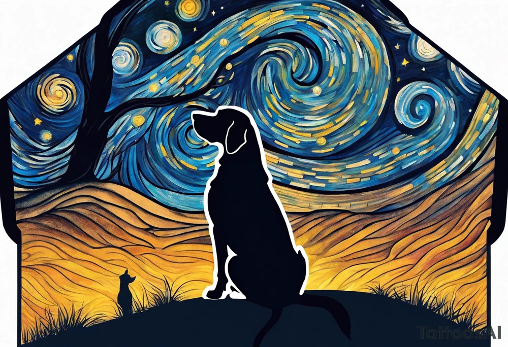 A silhouette of a beagle,and a human male looking up at Van Gogh's Starry Night. The tattoo must be twice as tall as it's width. tattoo idea