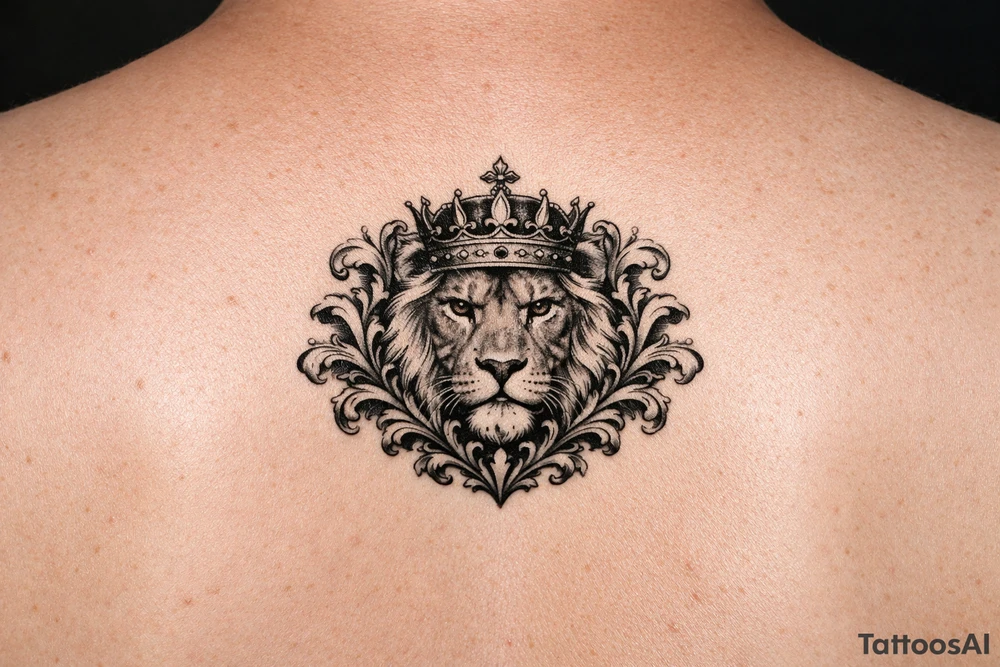 powerful majestic lion with a crown, framed by ornate floral scrollwork tattoo idea