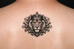 powerful majestic lion with a crown, framed by ornate floral scrollwork tattoo idea