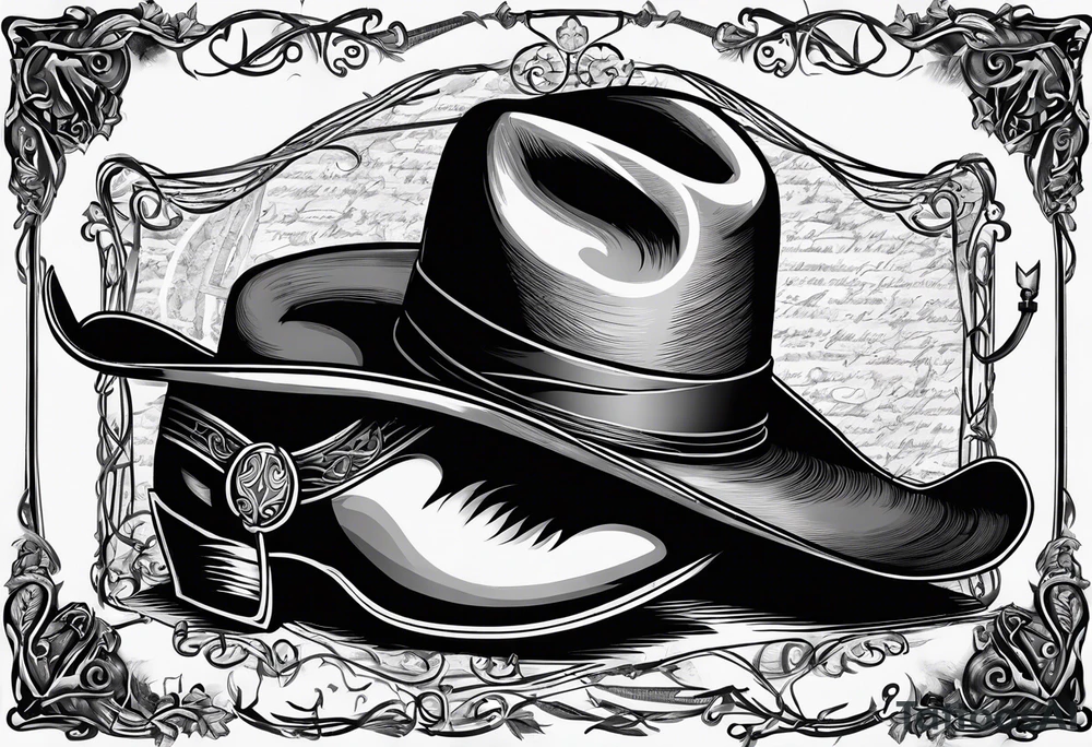 worn cowboy hat and lasso and boots with scroll letter next to it “with a dream in my eye and a prayer in my heart” tattoo idea