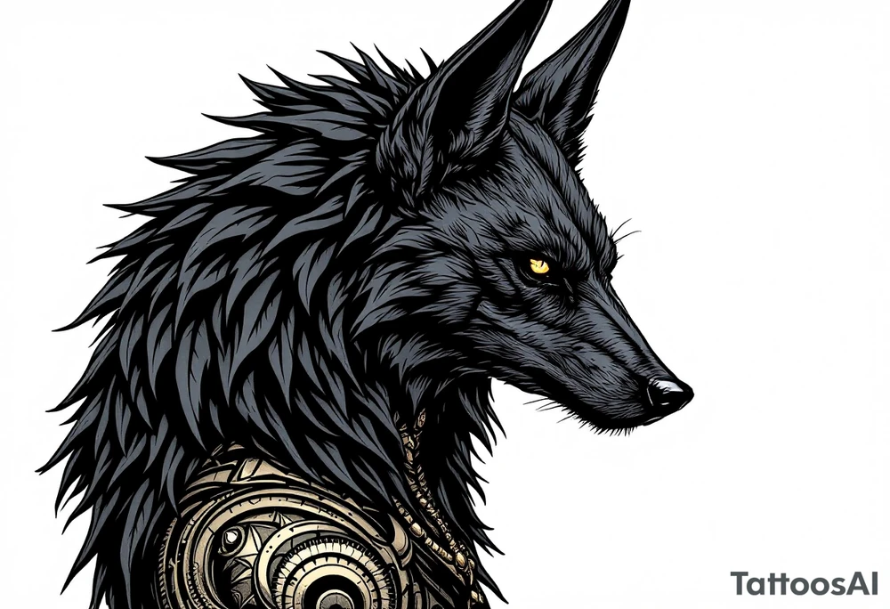 a creature that looks strongly like a combination of Anubis, and a black hound, with the tall pointy ears of a jackal, looking back, serious and daring tattoo idea