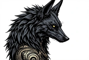 a creature that looks strongly like a combination of Anubis, and a black hound, with the tall pointy ears of a jackal, looking back, serious and daring tattoo idea