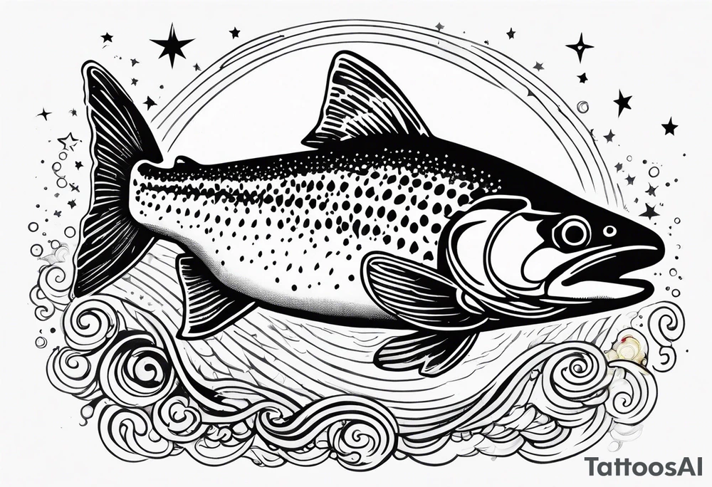 A rainbow trout jumping out of the stars tattoo idea