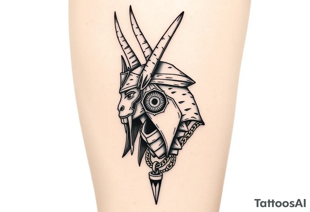 "Anubis as a 1990s L.A. gangster: gold chains, Crip bandana. His staff is a satellite antenna. Floating Eye of Horus is a blockchain audit log.  

Style: Hyper-detailed blackwork. Thigh/calf placement." tattoo idea