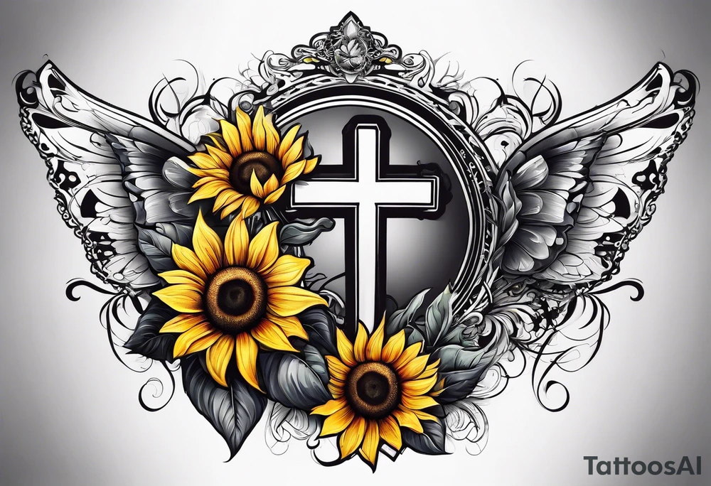 Arm sleeve with Winged cross with sunflower and butterflies tattoo idea