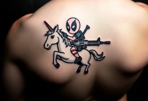 Deadpool riding unicorn holding Russian era RPG tattoo idea