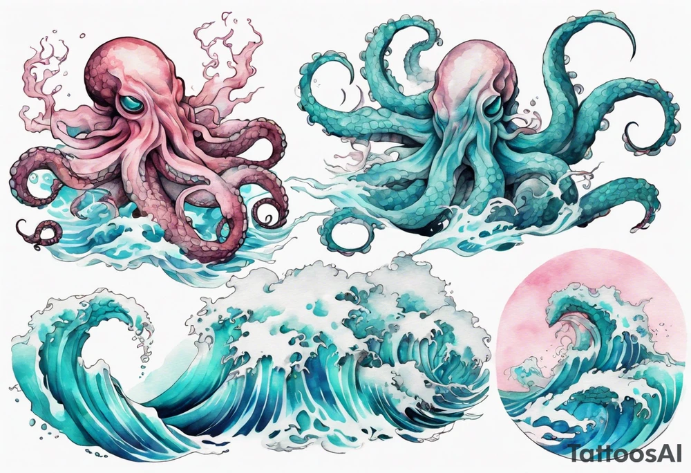 a beautiful turquoise and white and pink kraken rising from the blue waves of the ocean tattoo idea