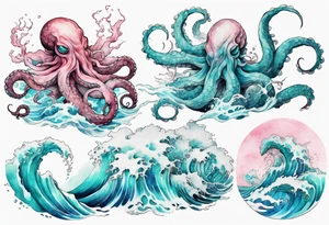a beautiful turquoise and white and pink kraken rising from the blue waves of the ocean tattoo idea