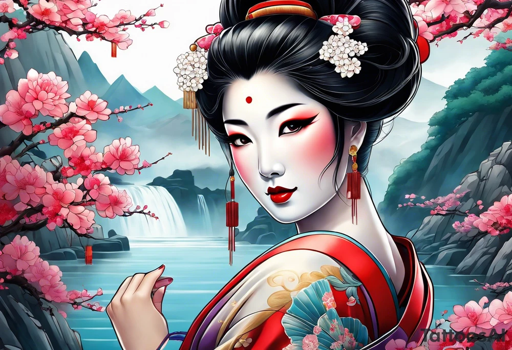 geisha girl that is also a Japanese waterfall tattoo idea