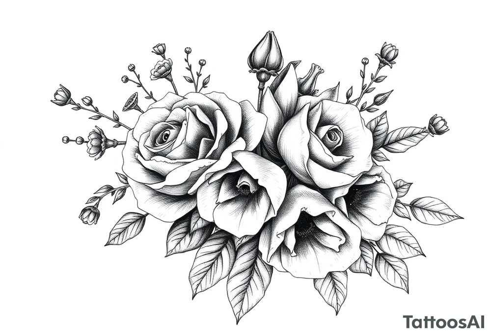 vintage bouquet of wild roses and meadow flowers with morning dew tattoo idea