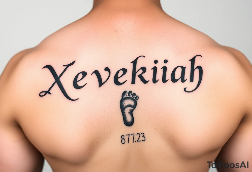 Xevekiah name tattoo, with foot print and date 8/7/23 tattoo idea