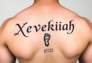 Xevekiah name tattoo, with foot print and date 8/7/23 tattoo idea