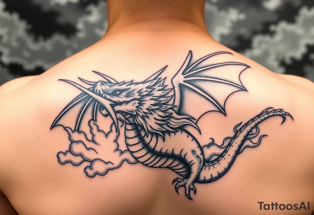 fierce dragon breathing iridescent fire against stormy skies tattoo idea