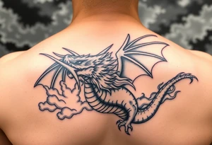 fierce dragon breathing iridescent fire against stormy skies tattoo idea