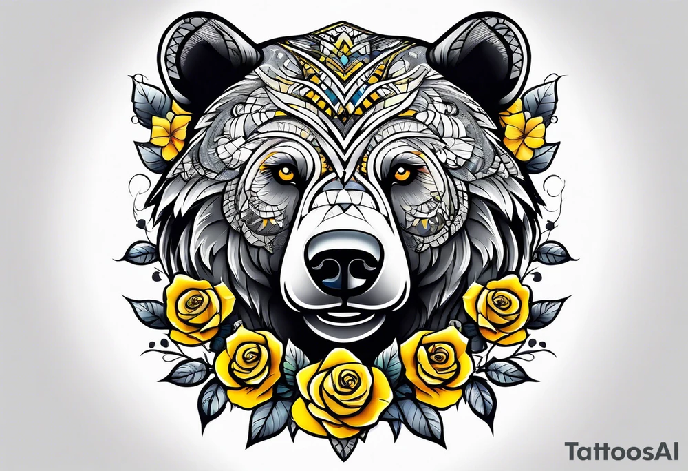 A tribal bear on top of a butterfly and yellow rose tattoo idea