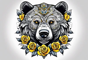 A tribal bear on top of a butterfly and yellow rose tattoo idea