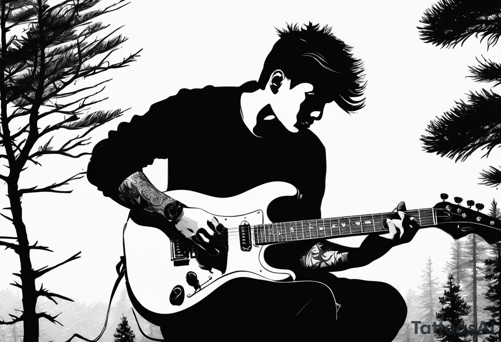 silhouette of a man playing electric guitar while sitting in a pine tree. tattoo idea