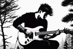 silhouette of a man playing electric guitar while sitting in a pine tree. tattoo idea