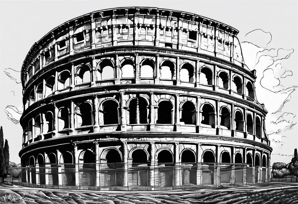 Roman colosseum with clock above Roman numerals tattoo idea