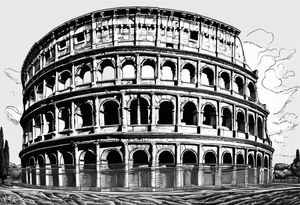 Roman colosseum with clock above Roman numerals tattoo idea