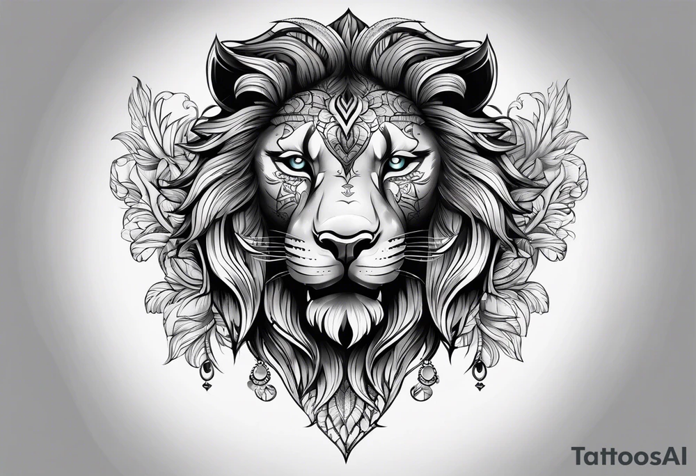 Half lion face ornate black and grey tattoo idea