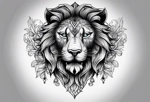 Half lion face ornate black and grey tattoo idea