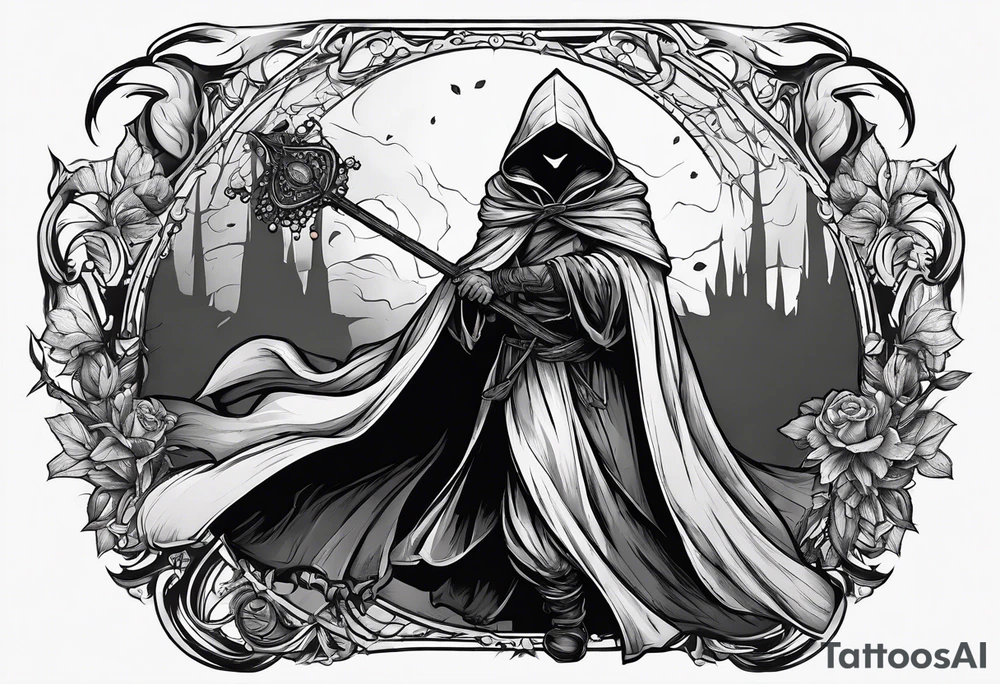 Hooded figure with no face carrying wooden staff with gem on top and wearing a long tattered cloak tattoo idea