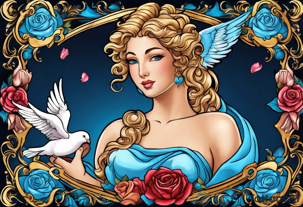 Portrait of Aphrodite: A face or full-length image of the goddess, often in a realistic style, perhaps decorated with flowers, seashells, or doves.rose, doves, shells and a mirror in his hand. background sea, blue roses frames,, romantic,A boy with wings and a bow, cupido tattoo idea