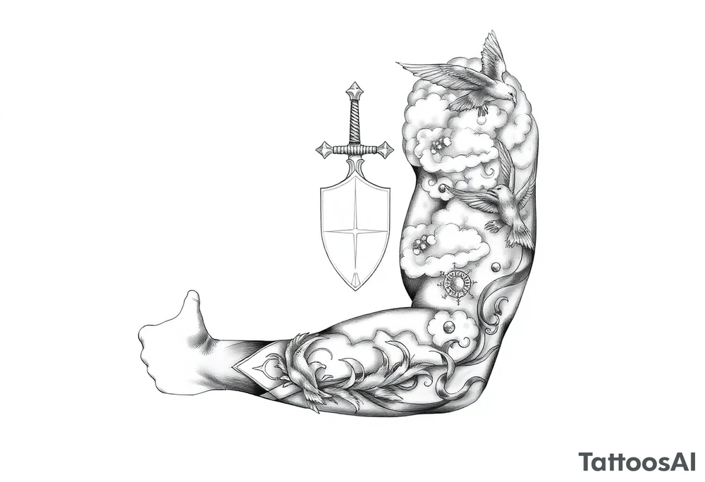clouds, sword, shield, cross, birds tattoo idea