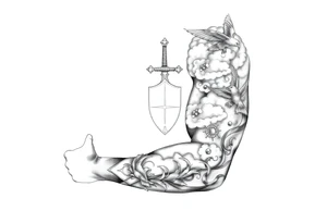 clouds, sword, shield, cross, birds tattoo idea