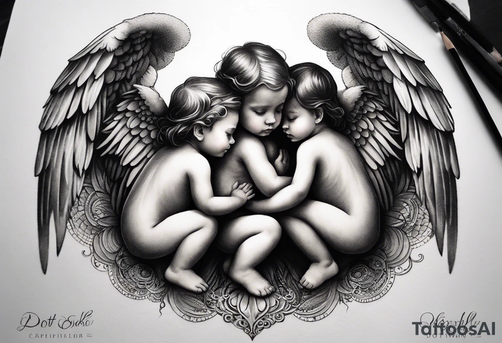 Six angels praying together. The two boy angels are standing in the back of the three girl angel, with their wings gently enfolding a baby angel in a protective embrace tattoo idea
