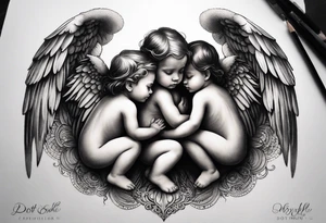 Six angels praying together. The two boy angels are standing in the back of the three girl angel, with their wings gently enfolding a baby angel in a protective embrace tattoo idea