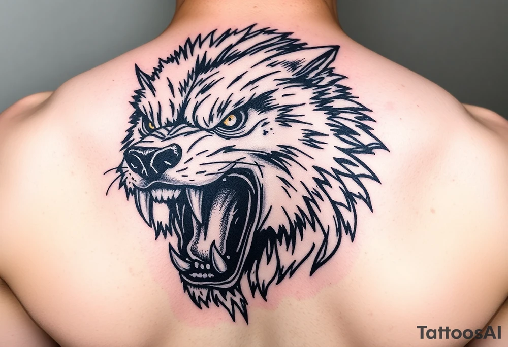 Close-up portrait of a snarling werewolf, sharp teeth bared, glowing eyes. tattoo idea