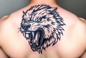Close-up portrait of a snarling werewolf, sharp teeth bared, glowing eyes. tattoo idea