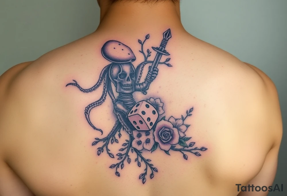 squid and knight combined with tree roots, cherry blossoms and roses rolling dice tattoo idea
