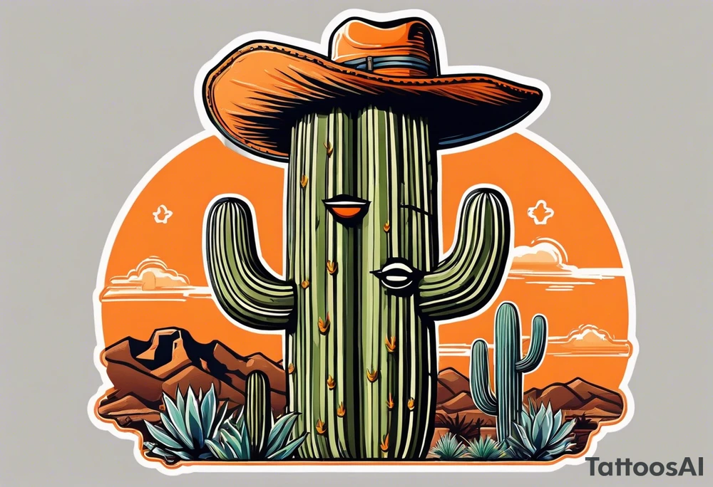 Saguaro cactus with two arms and a clever face, wearing an orange cowboy hat, wearing sunglasses, and a cigarette dangling from his mouth tattoo idea