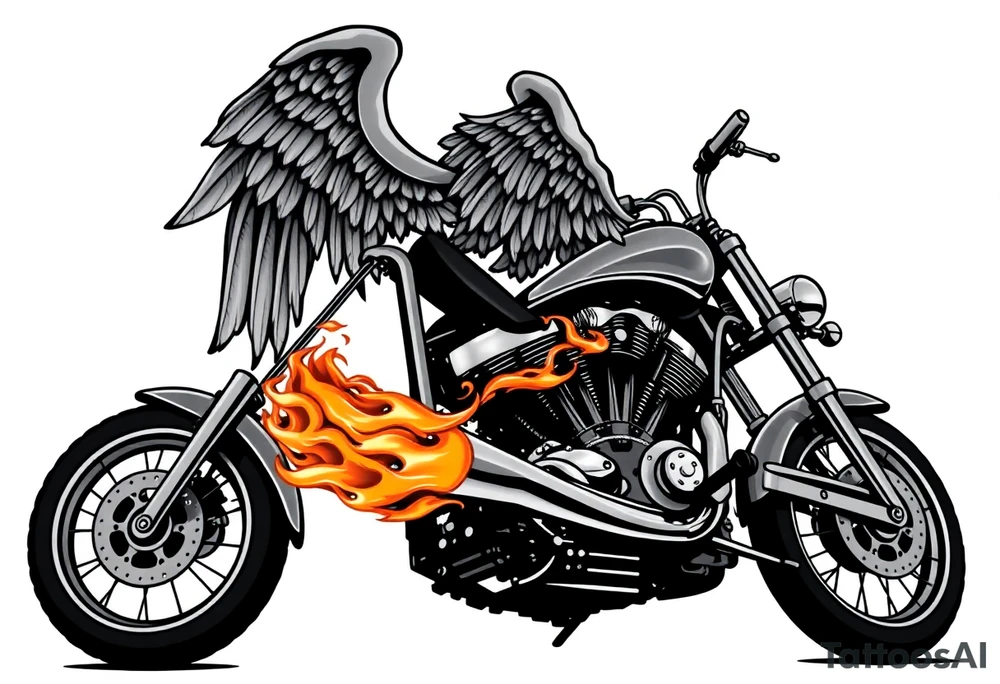 Low rider grey motorcycle, big muffler pipes with flames, angel wings, driving away, no person tattoo idea