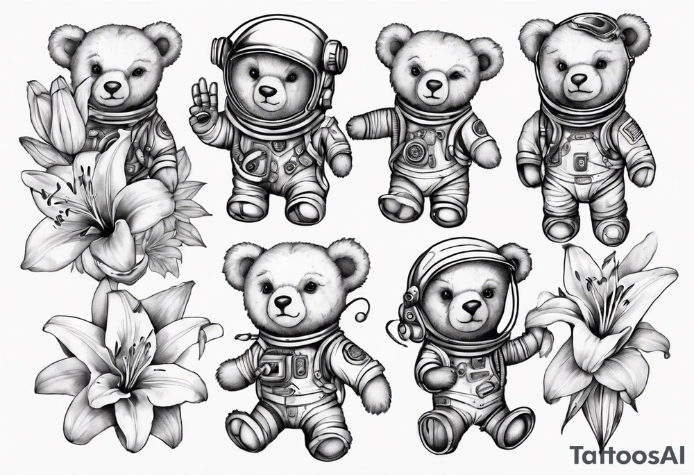 Teddy bear astronaut holding Lily tattoo idea
