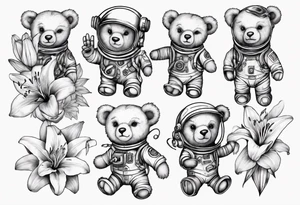 Teddy bear astronaut holding Lily tattoo idea
