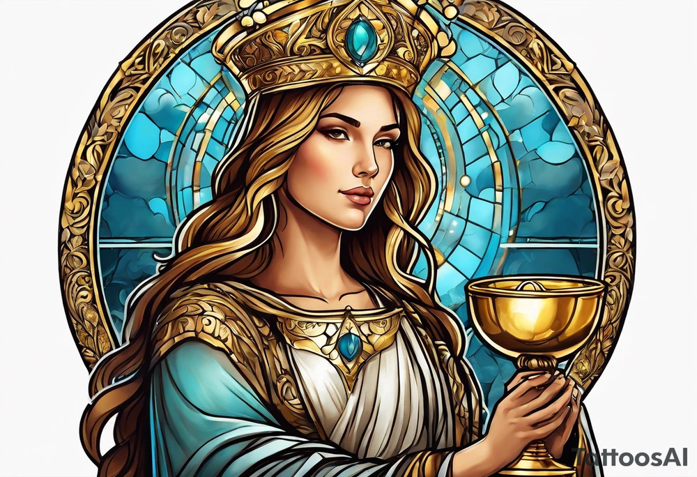 woman saint holding chalice surrounded by golden halo sideways tattoo idea