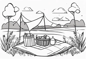 Very light and minimalstic picnic scene in nature. A blanket, picnic-basket with lid, pillows and pennants. Thin lines. tattoo idea