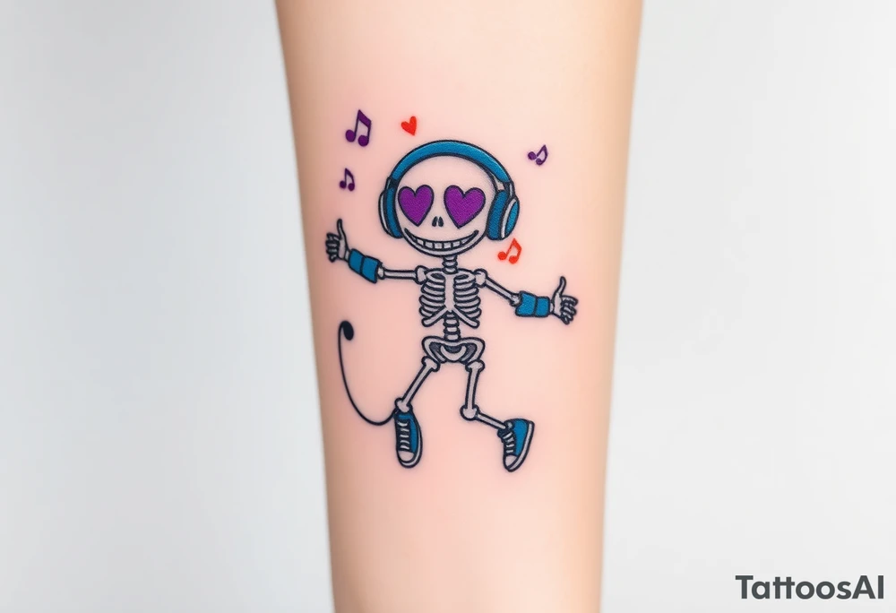 smiley skeleton with purple love shape in his eyes jumping on a jump rope with blue headphones and blue armbands and blue sneakers with colorful music notes around his head tattoo idea