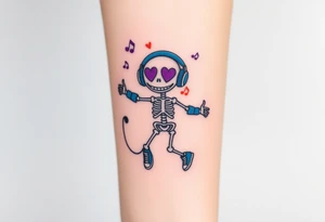 smiley skeleton with purple love shape in his eyes jumping on a jump rope with blue headphones and blue armbands and blue sneakers with colorful music notes around his head tattoo idea