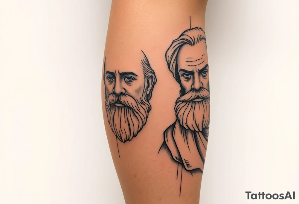 Platos, aristole, and socrates on the right side of the calf. Big and filling the whole calf vertically tattoo idea