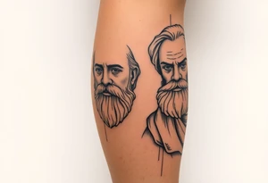 Platos, aristole, and socrates on the right side of the calf. Big and filling the whole calf vertically tattoo idea