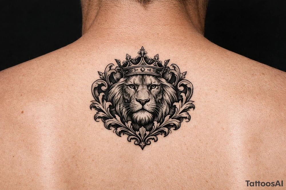 powerful majestic lion with a crown, framed by ornate floral scrollwork tattoo idea