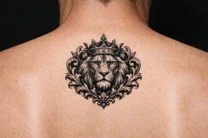 powerful majestic lion with a crown, framed by ornate floral scrollwork tattoo idea
