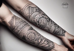 Sleeve tattoo, fine line, realistic, light and bold representing freedom, peace, happiness, family, friends, kindness, heritage, Denmark, Germany, tattoo idea